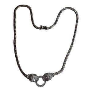 Sterling Silver Panther Cougar Head Necklace Pave Rhinestone Emerald Green Eyes